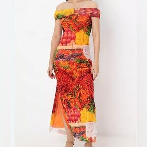 NWT Zara Mesh Maxi Dress S Picante Hot Pepper Blogger Fave Off Shoulder Colorful